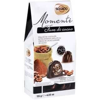 Socado | Praline de ciocolata extra amaruie umplute cu crema de cacao si boabe de cacao 115g