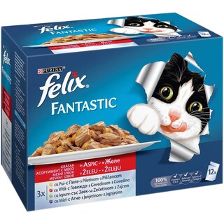 Purina | Felix Fantastic | Hrana completa pentru pisici adulte cu pui, vita, iepure si miel 12x100g