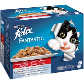 Purina | Felix Fantastic | Hrana completa pentru pisici adulte cu pui, vita, iepure si miel 12x100g