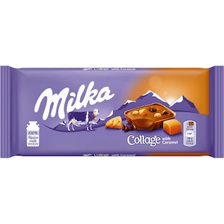 Milka | Collage | Ciocolata cu lapte alpin, crema cu cacao, bucatele de biscuiti de ciocolata si de caramel 93g