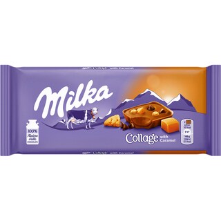 Milka | Collage | Ciocolata cu lapte alpin, crema cu cacao, bucatele de biscuiti de ciocolata si de caramel 93g