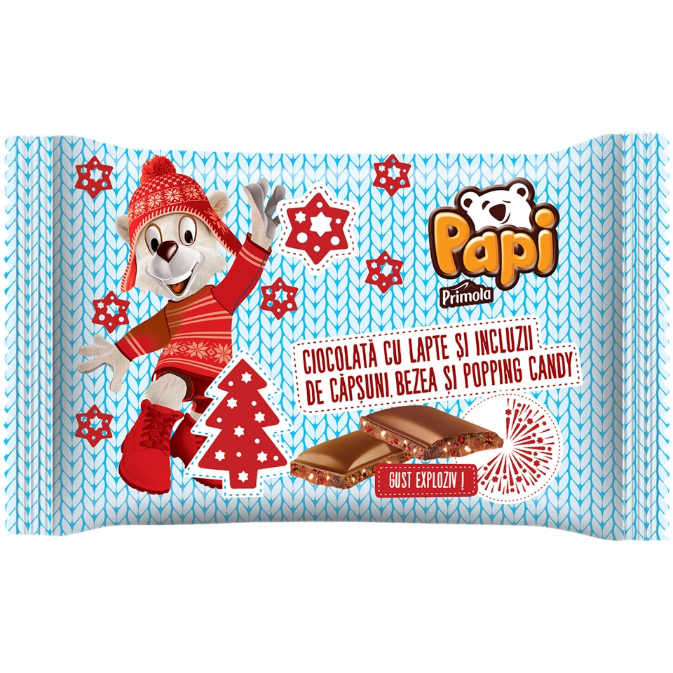 Papi | Ciocolata cu lapte si incluzii de capsuni bezea si popping