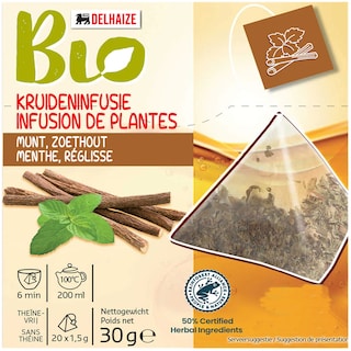Delhaize Bio | Infuzie de plante cu menta si lemn dulce 20x1.5g