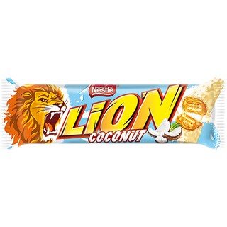 Lion | Baton cu interior de caramel si napolitana, cu fulgi de cocos si glazura alba 40g