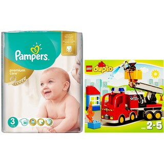 Pampers | Scutece premium care 3 midi 80 buc + Lego duplo joc camion de pompieri
