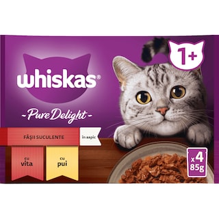 Whiskas | Hrana umdeda pentru pisici fasii suculente cu vita si pui in aspic 4x85g