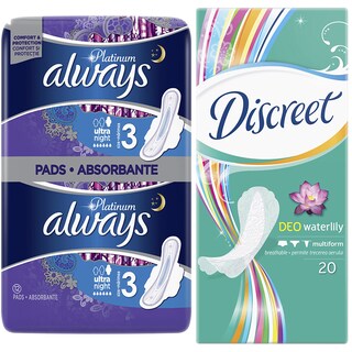Always | Platinum | Absorbante marimea 3 Ultra Night, 12 bucati + Absorbante zilnice Waterlily, 20 bucati