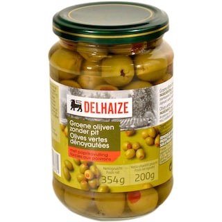 Delhaize | Masline verzi fara samburi cu ardei rosu 354g