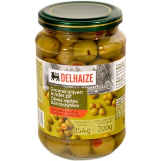 Delhaize | Masline verzi fara samburi cu ardei rosu 354g