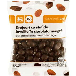 365 | Drajeuri cu stafide invelite in ciocolata neagra 80g