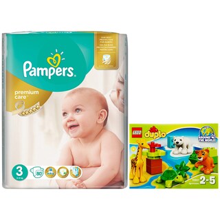 Pampers | Scutece premium care 3 midi 80 buc + Lego duplo  animalele lumii