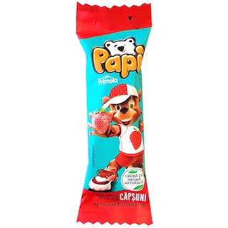 Primola | Papi | Baton de ciocolata cu lapte si crema de capsuni 27.5g
