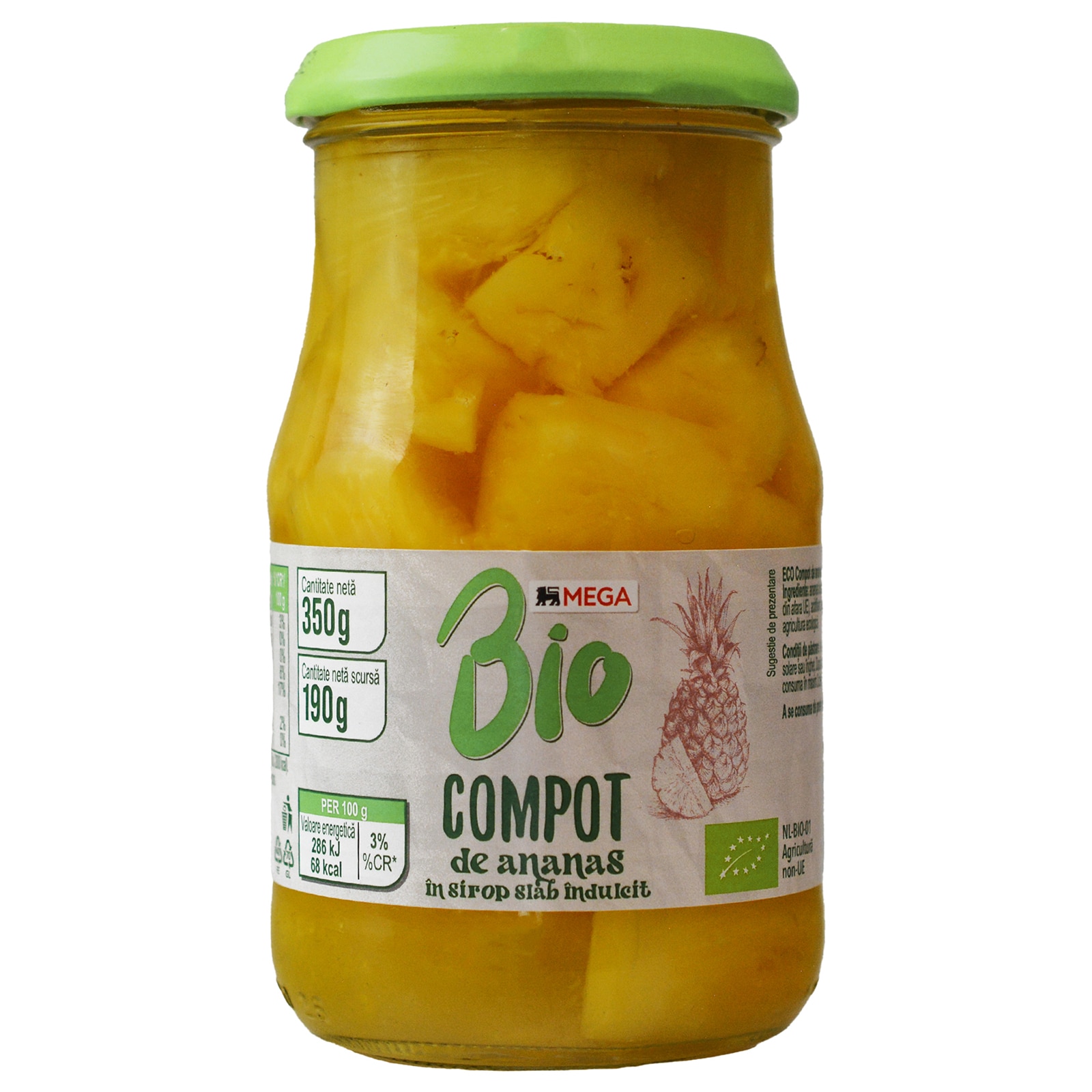 MEGA | Compot de ananas bio in sirop slab indulcit 350g | Mega-image