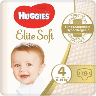 Huggies | Elite Soft | Scutece bebelusi, marimea 4, 8-14 kg, 19 buc