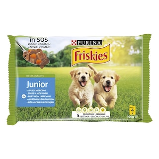Friskies | Hrana umeda pentru caini Junior, pui si morcovi in sos 4x100g