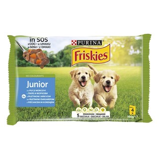 Friskies | Hrana umeda pentru caini Junior, pui si morcovi in sos 4x100g