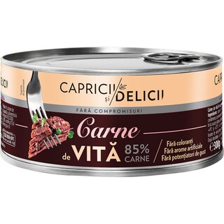 Capricii si Delicii | Carne de vita in suc propiu,cu 85% carne 300g