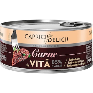Capricii si Delicii | Carne de vita in suc propiu,cu 85% carne 300g