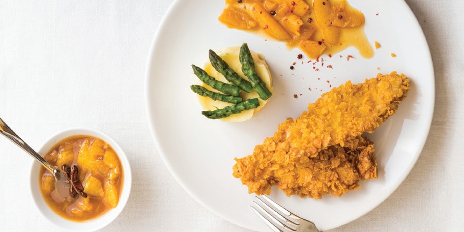 Curcan crocant-iute cu piure de telina si sos de portocale