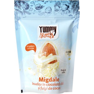Yummy Sweets | Migdale in ciocolata alba cu fulgi de cocos 100g