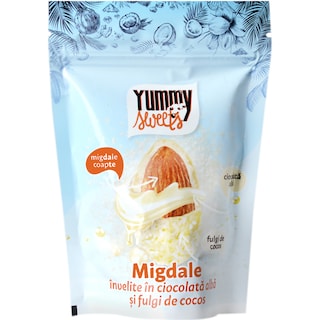 Yummy Sweets | Migdale in ciocolata alba cu fulgi de cocos 100g
