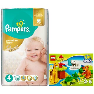 Pampers | Scutece premium care 4 maxi 66 buc + Lego duplo  animalele lumii