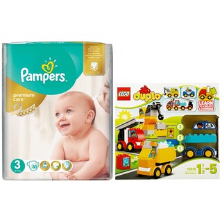 Pampers | Scutece premium care 3 midi 80 buc + Lego duplo camioane
