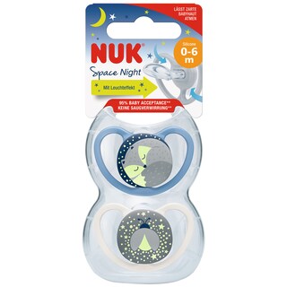 NUK | Suzeta din silicon Space Night, 0-6 luni, 2 bucati, albastru