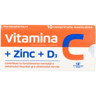 Fiterman | Supliment alimentar Vitamica C, Zinc, D3, 10 comprimate masticabile