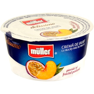 Muller | Crema de iaurt cu bucati fine de piersici si fructul pasiunii 140g
