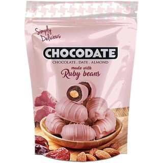 Chocodate | Praline cu curmale glazurate in ciocolata ruby si migdale 100g