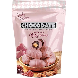 Chocodate | Praline cu curmale glazurate in ciocolata ruby si migdale 100g