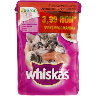 Whiskas | Hrana umeda pentru pisici junior cu carne de vita 3 bucati 3x100g