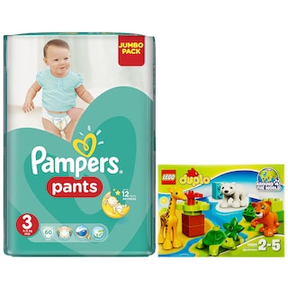 Pampers | Scutece pants 3midi jp 60buc + Lego duplo  animalele lumii