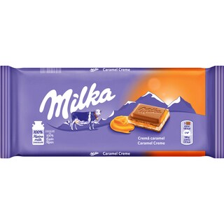 Milka | Ciocolata cu lapte umpluta cu crema de lapte cu aroma de caramel si crema cu aroma de caramel 100g