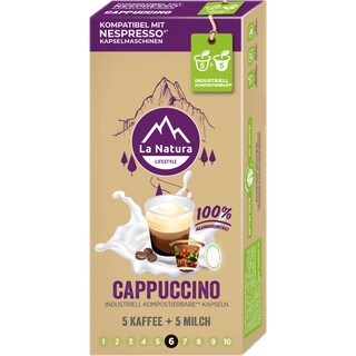 La Natura Lifestyle | Cafea Cappuccino 5 capsule cu cafea bio si 5 capsule cu lapte praf