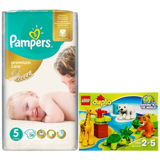 Pampers | Scutece premium care 5 junior 56buc + Lego duplo  animalele lumii
