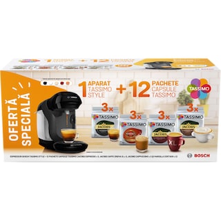 Tassimo | 12 cutii capsule cafea + Espressor Bosch Tassimo Style