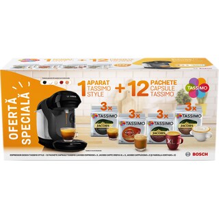 Tassimo | 12 cutii capsule cafea + Espressor Bosch Tassimo Style
