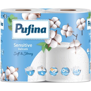 Pufina | Hartie igienica Sensitive, 3 straturi, 4 role