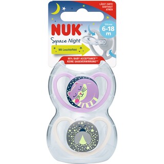 NUK | Suzeta din silicon Space Nigh, 6-18 luni, 2 bucati, roz
