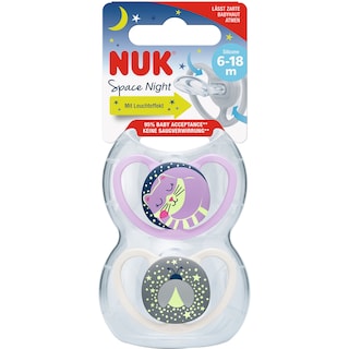 NUK | Suzeta din silicon Space Nigh, 6-18 luni, 2 bucati, roz