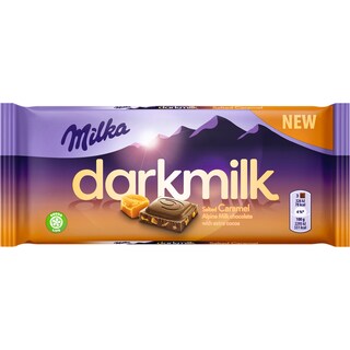 Milka | Dark Milk | Ciocolata cu lapte, cacao si bucatele de caramel 85g