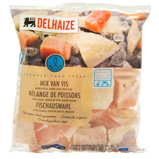 Delhaize | Mix de peste merluciu,calcan,somon portionat 500g