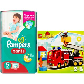 Pampers | Scutece pants 5junior jp 48buc + Lego duplo joc camion de pompieri