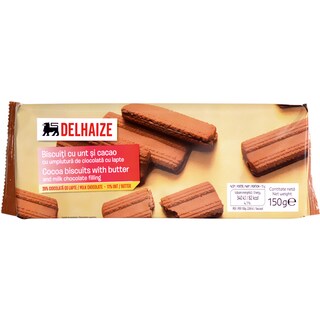 Delhaize | Biscuiti cu unt si cacao cu umplutura de ciocolata cu lapte 150g