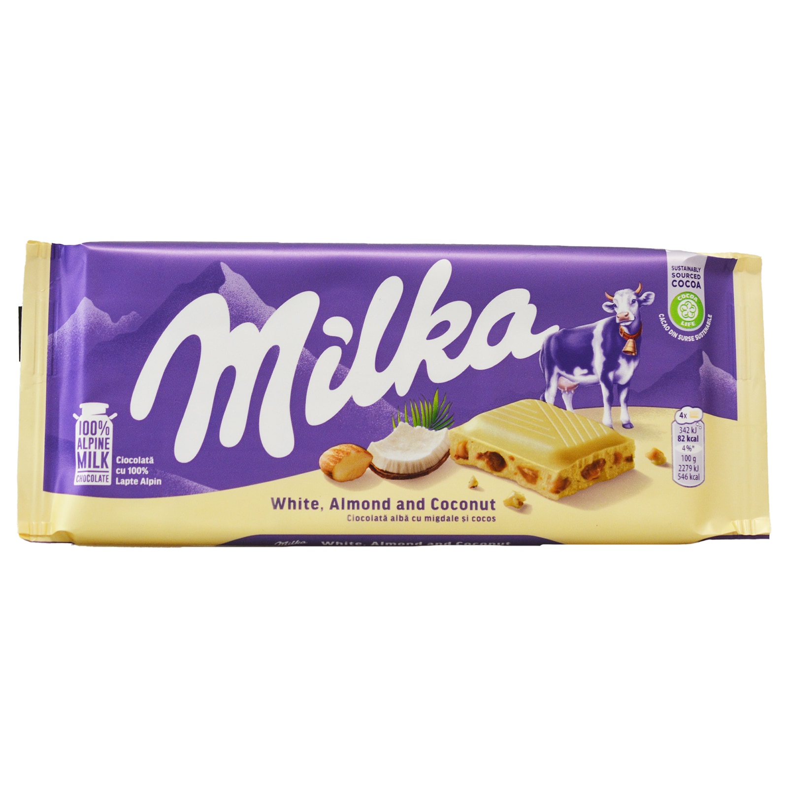 Milka | Ciocolata alba cu migdale si cocos 90g | Mega-image