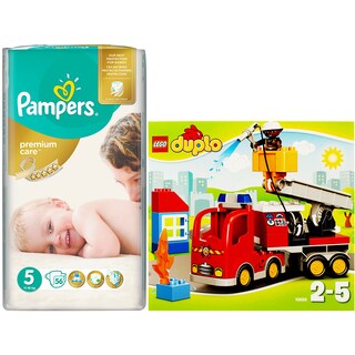 Pampers | Scutece premium care 5 junior 56buc + Lego duplo joc camion de pompieri