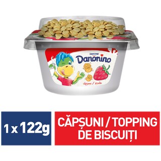 Danonino | Branzica de vaci cu piure de capsuni si topping de biscuiti 122g