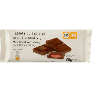 365 | Tableta de ciocolata cu lapte si crema cu aroma de visine 80g